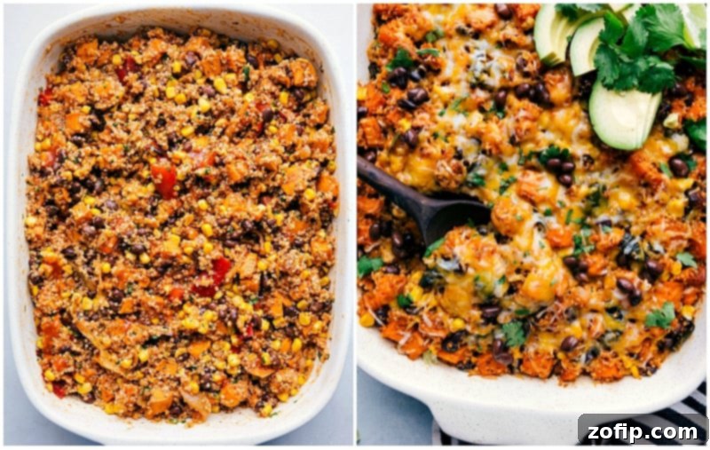 Quinoa Enchilada Bake is a nutrition-loaded casserole, ready to serve The finished Quinoa Enchilada Bake, perfectly golden and bubbly, surrounded by fresh toppings like avocado and cilantro.