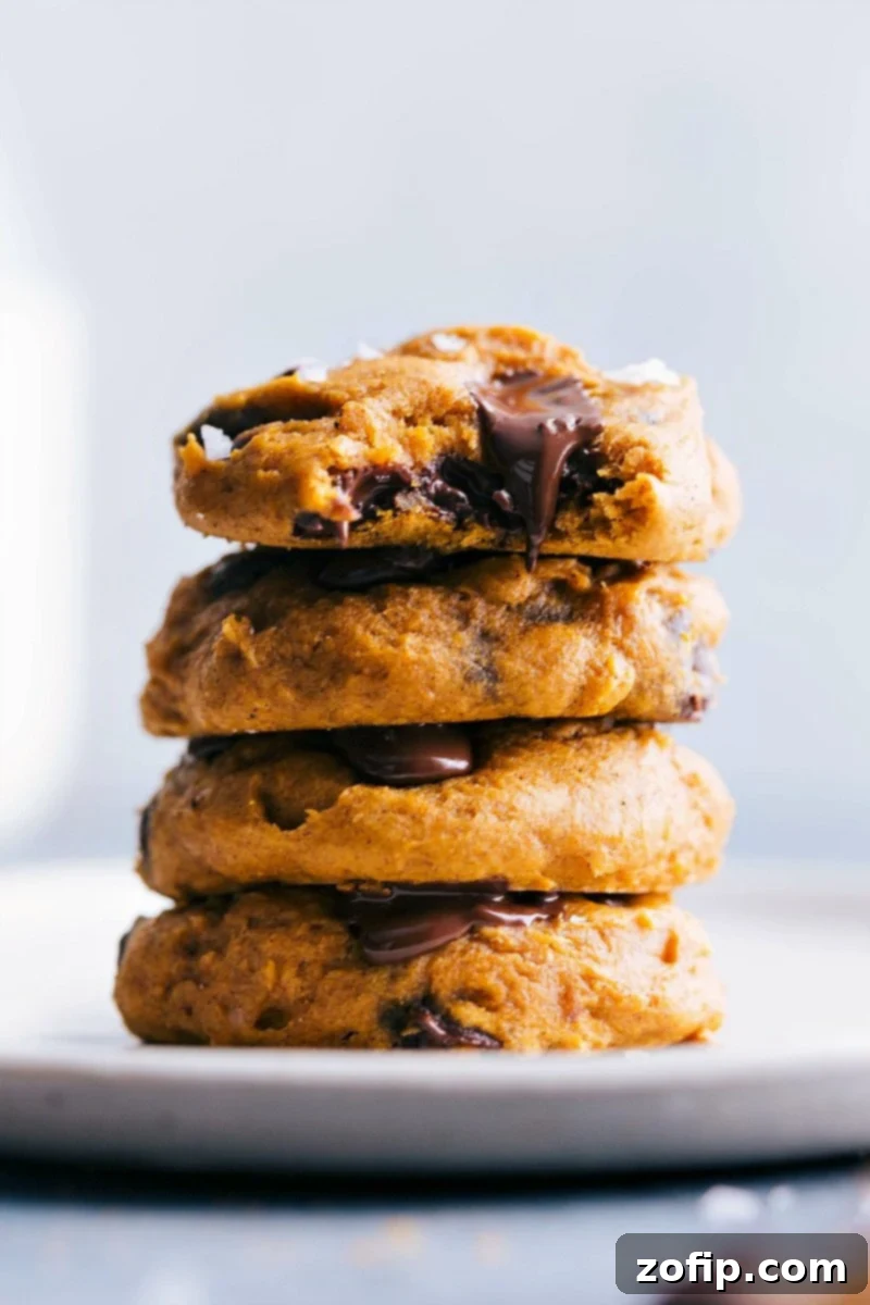 A stack of freshly baked, golden-brown pumpkin cookies made from a cake mix, adorned with melted chocolate chips, resting on a rustic wooden surface, ready to be enjoyed.