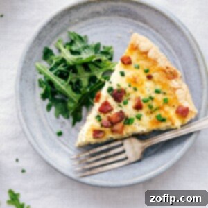 Finished and ready to eat Quiche Lorraine, golden brown and perfectly baked.