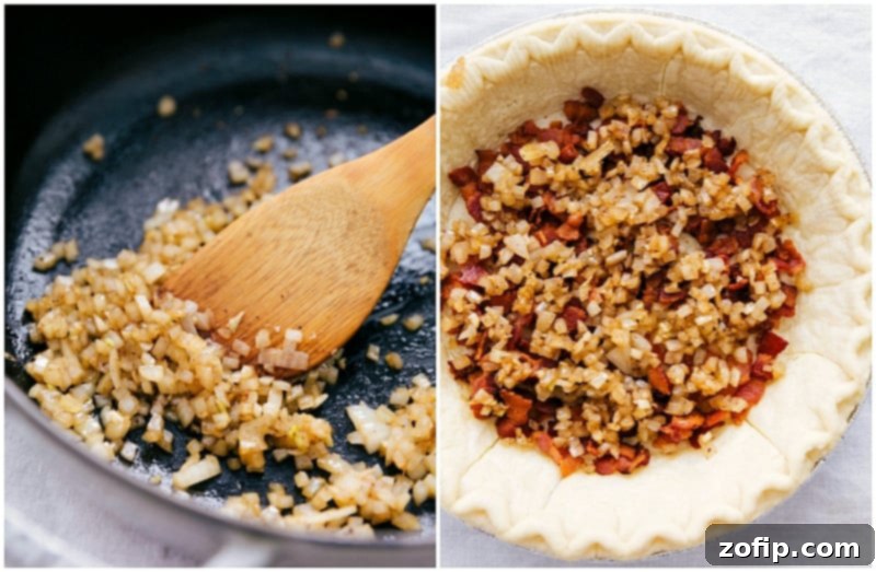 Caramelized onions and crispy bacon being added to a pre-baked pie crust, layered for the Quiche Lorraine.