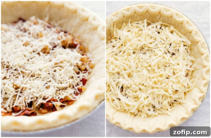 Freshly grated Parmesan and Swiss cheese being generously sprinkled over the bacon and onion mixture in a frozen pie crust.