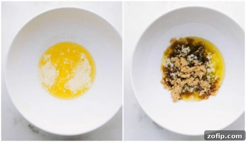 Beginning the Chewy Chocolate Chip Cookie Recipe: Combining Melted Butter and Sugars for a Smooth Base Melted butter and various sugars being poured into a large mixing bowl, ready for the chewy chocolate chip cookie recipe preparation.