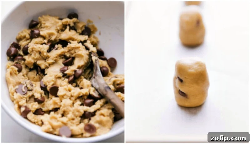 Preparing Chewy Chocolate Chip Cookie Dough: Adding Chocolate and Shaping for Baking Perfectly portioned chocolate chip cookie dough balls with visible chocolate chips, ready for chilling and baking.