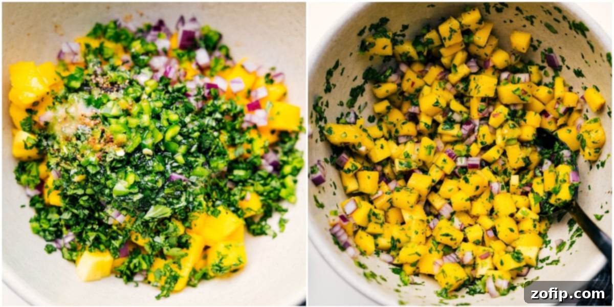 Crafting the Perfect Cilantro-Lime Mango Salsa A close-up shot of a vibrant mango salsa being gently mixed in a large glass bowl, showcasing diced mango, red onion, jalapeño, and fresh cilantro, glistening with lime juice and spices.
