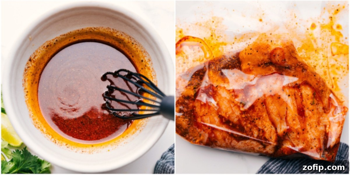 Crafting the Best Marinade for Tender Mango Chicken Chicken pieces being added to a resealable bag filled with a golden-hued marinade of olive oil, lime, honey, garlic, and spices. The marinade is freshly whisked in a separate bowl before coating the chicken.