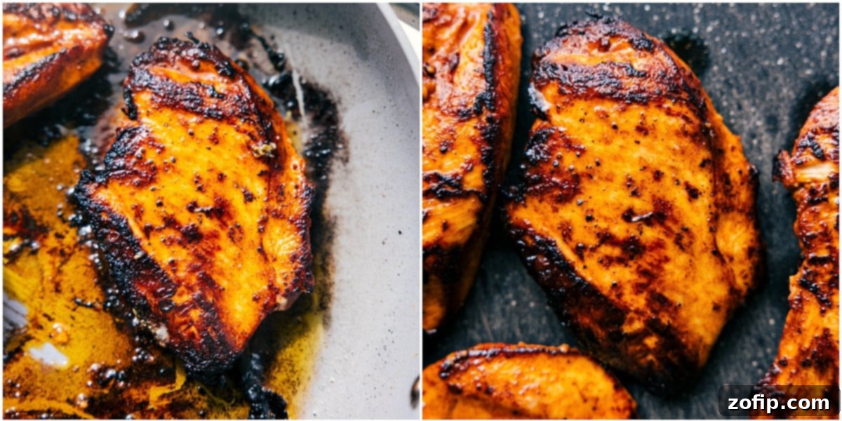 Deliciously Cooked Mango Chicken Perfectly grilled mango chicken, sliced and arranged on a plate, ready to be topped with the vibrant mango salsa and fresh cilantro.