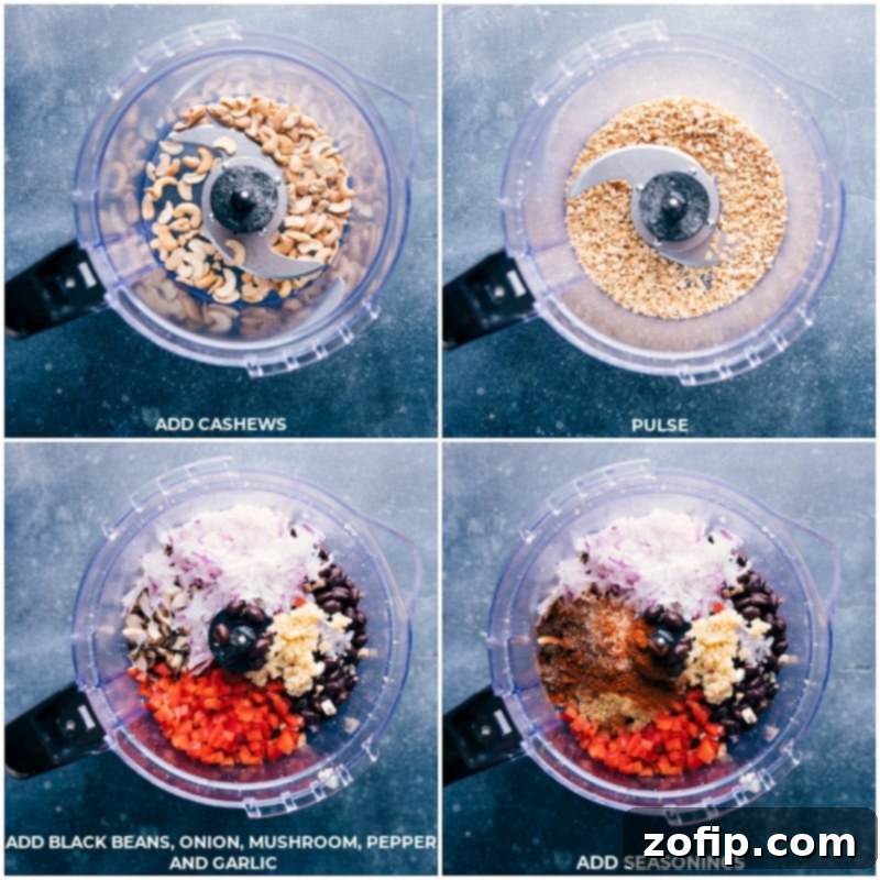 Adding Ingredients to Food Processor for Black Bean Burger Recipe A vibrant display of black bean burger ingredients, including whole cashews, black beans, chopped onion, mushrooms, red bell pepper, and garlic, ready to be combined in a food processor.