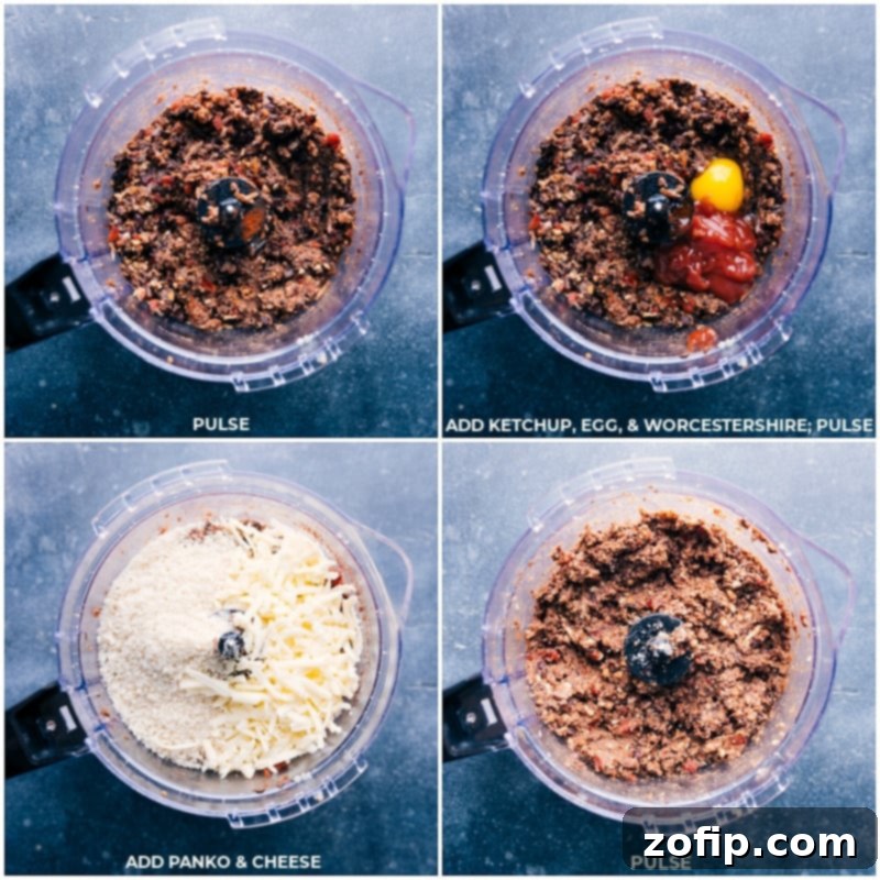 Adding Ingredients to Food Processor for Black Bean Burger Ketchup, egg, Worcestershire sauce, Panko breadcrumbs, and shredded cheese being added into a food processor with other black bean burger ingredients.