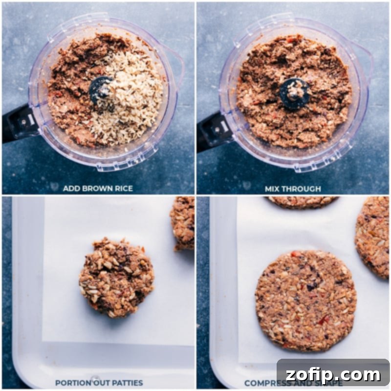 Preparing Black Bean Burger Patties with Brown Rice Adding cooked brown rice to the black bean mixture and carefully shaping the patties by hand on a baking sheet.