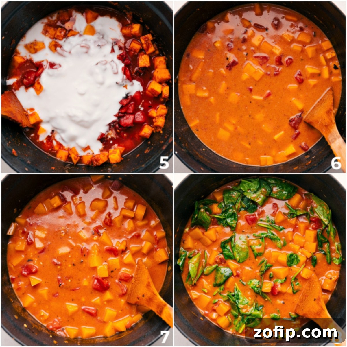 One Pot Butternut Squash Curry Being Made Add coconut milk, tomatoes, and broth to the pot, then cook everything together before mixing in the spinach.