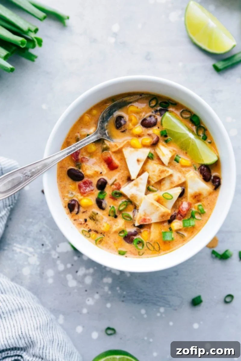 Image of a ready-to-eat cheesy chicken quesadilla soup recipe, garnished with sour cream, cilantro, and lime wedges, showcasing its delicious appeal.