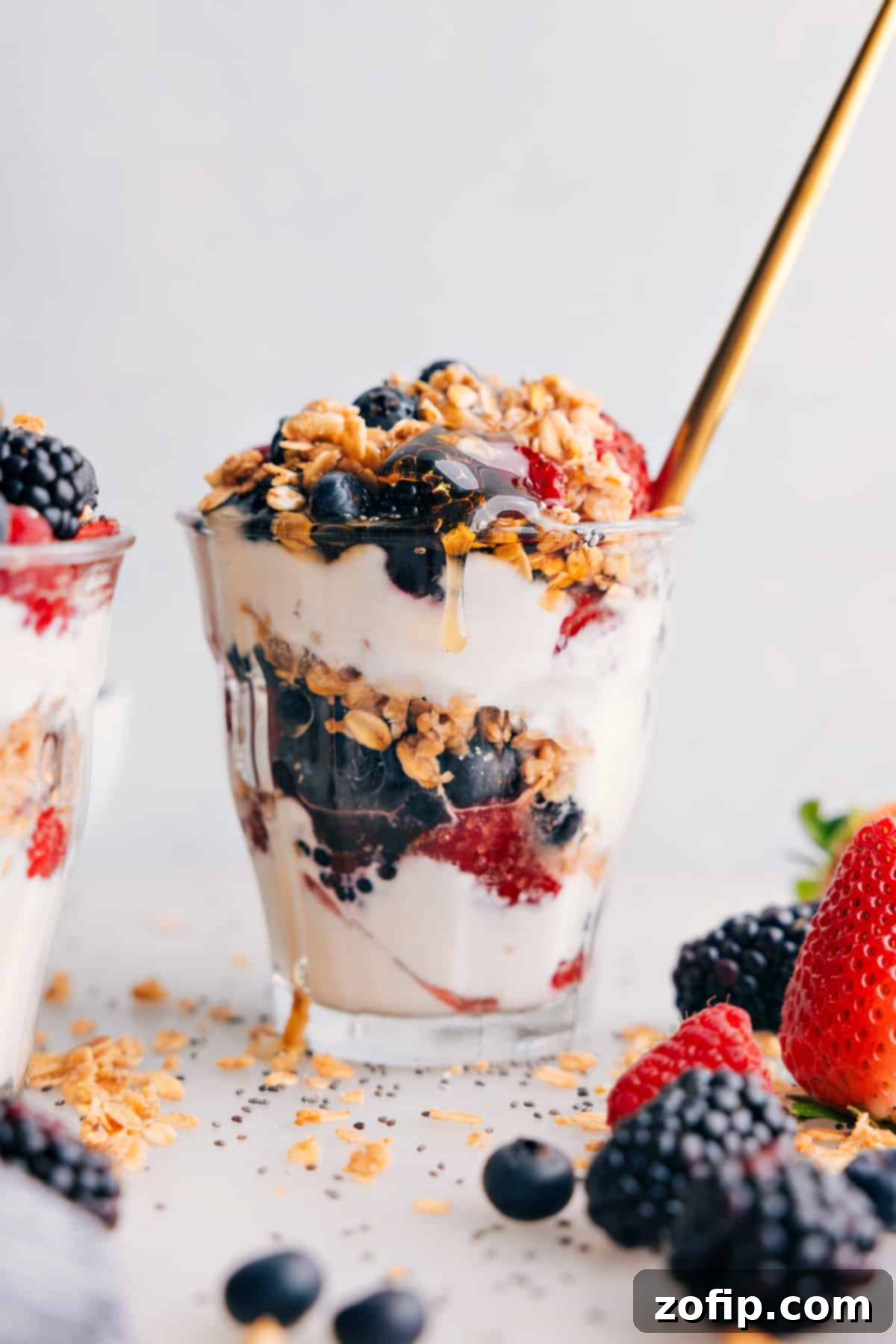 Layered Yogurt Parfait with Fresh Fruit and Granola Layered yogurt parfait in a clear glass, showcasing vibrant layers of creamy vanilla yogurt, a medley of fresh red berries, golden crunchy granola, and a delicate drizzle of honey on top, ready to be enjoyed.