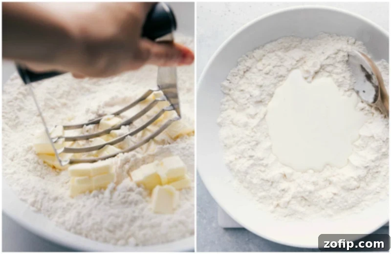 Butter being cut into flour and wet ingredients added to the dry mix for the strawberry shortcake recipe.