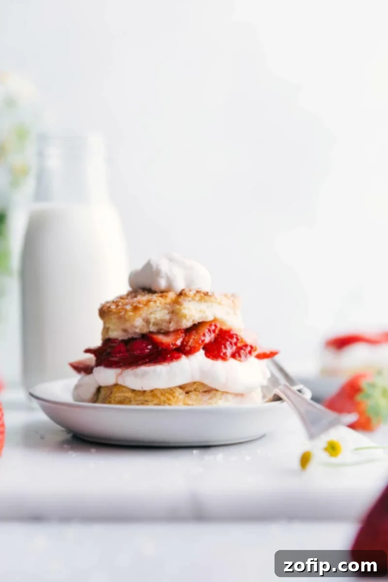 Strawberry Shortcake served with a generous dollop of whipped cream on top, accompanied by a fork on the side of the plate, ready to be enjoyed.