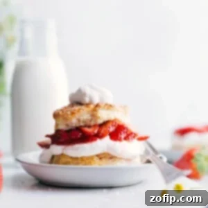 Strawberry Shortcake served with a generous dollop of whipped cream on top, accompanied by a fork on the side of the plate, ready to be enjoyed.