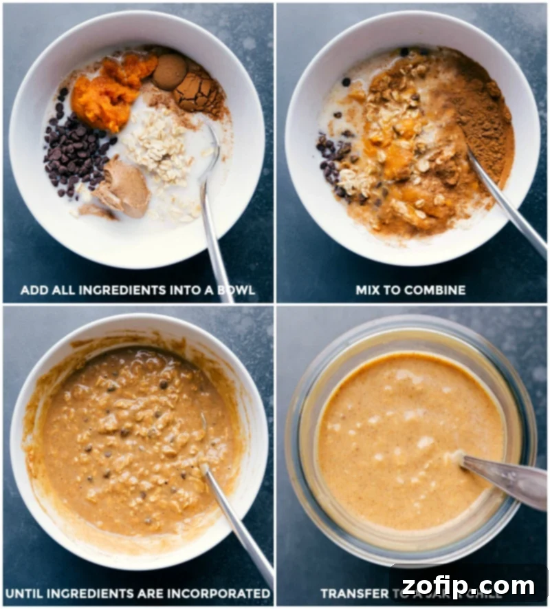 Ingredients used in this recipe added to a bowl, being mixed, then transferred to a jar for chilling, showcasing the simple preparation process for overnight oats.