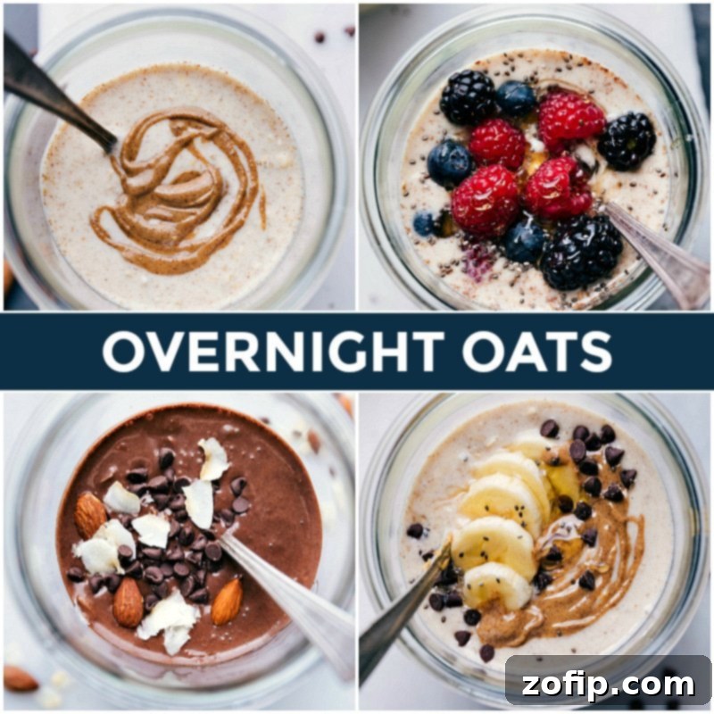 Four varieties of overnight oats recipes, each showcasing different flavors and toppings including chocolate, banana, and mixed berries.