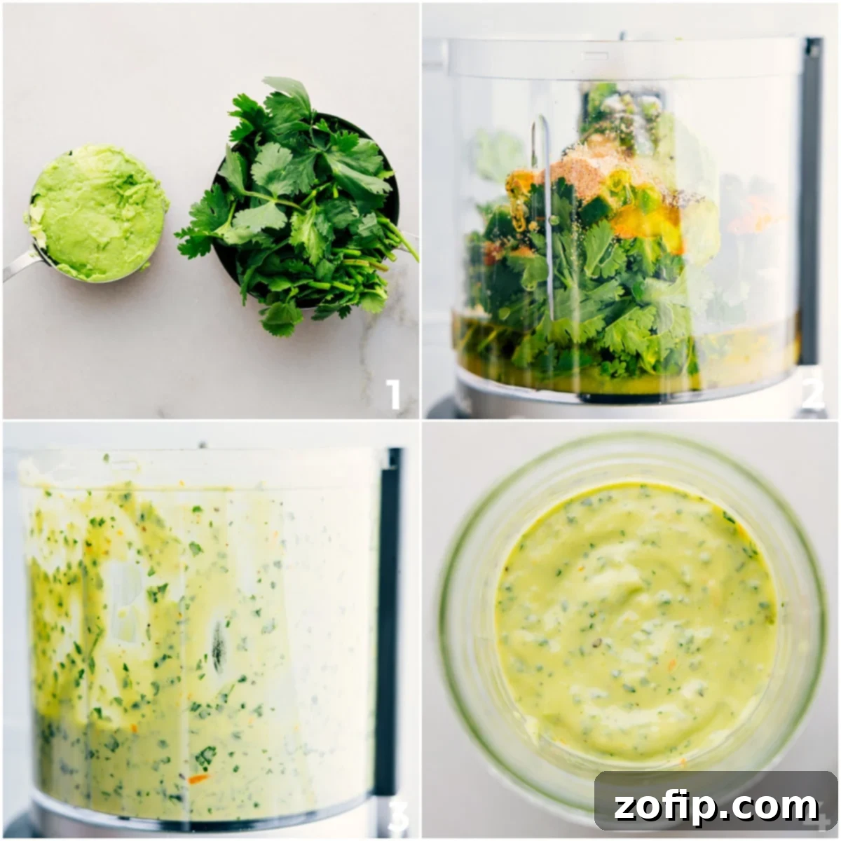 Step-by-Step Guide: How To Make Chicken Rice Bowls The creamy avocado sauce being blended in a food processor, ready to be drizzled generously over the Chicken Rice Bowls.