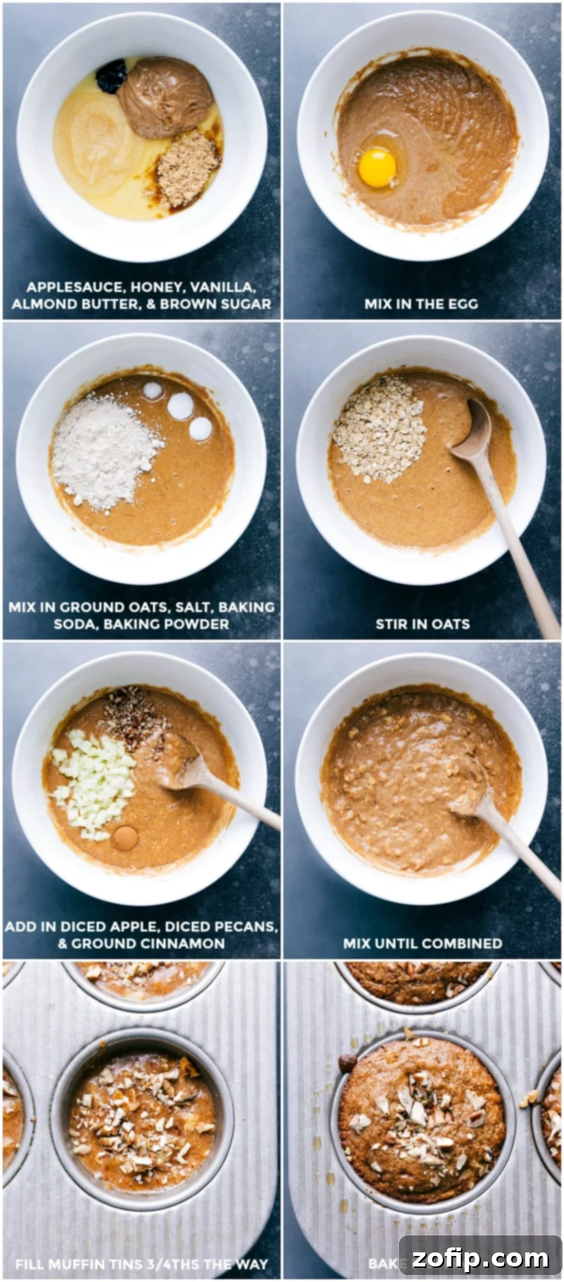 A series of images demonstrating the steps to make gluten-free apple cinnamon muffins: mixing wet and dry ingredients, folding in apples, filling a muffin tin, and the finished muffins baking in the oven.