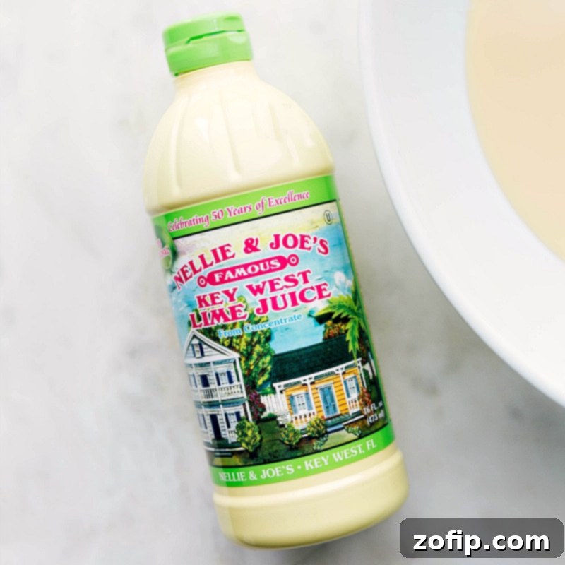 Bottle of Key lime juice, a key ingredient for Key Lime Pie.