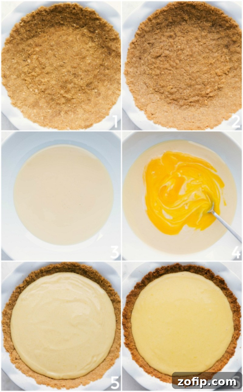 Carefully placing the graham cracker crust and pouring the luscious filling onto the crust to complete the delicious recipe, showing the vibrant green filling.