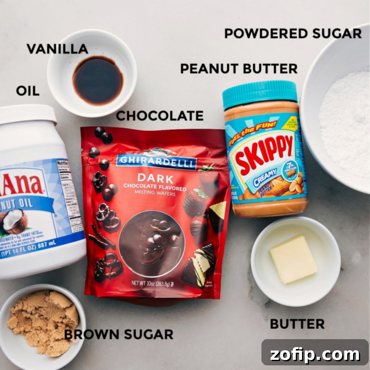 All the essential ingredients for homemade peanut butter cups, neatly arranged and prepped for cooking.