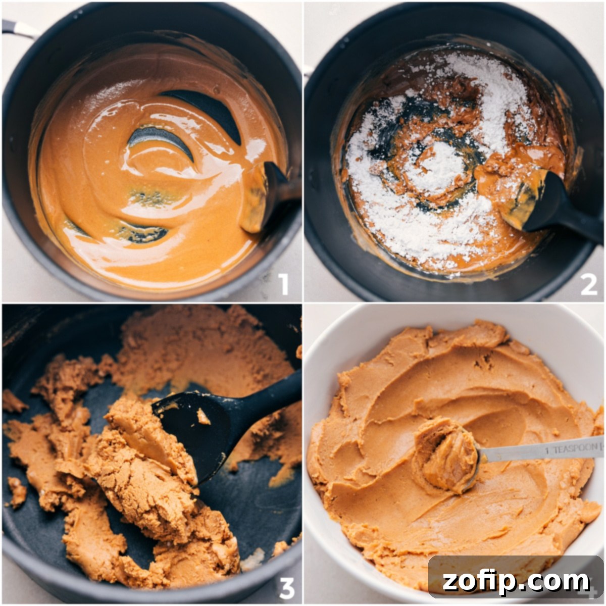 The creamy peanut butter filling being prepared in a small pot, melting together to perfection for homemade peanut butter cups.