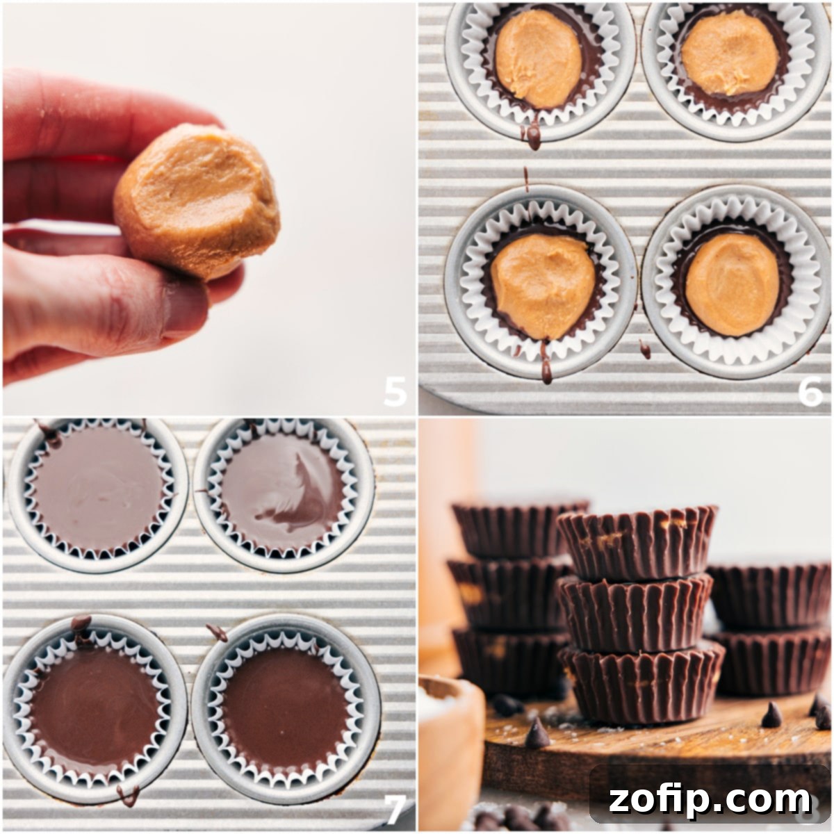 Step-by-step imagery showing the layering process of chocolate, peanut butter filling, and topping chocolate in mini muffin liners.