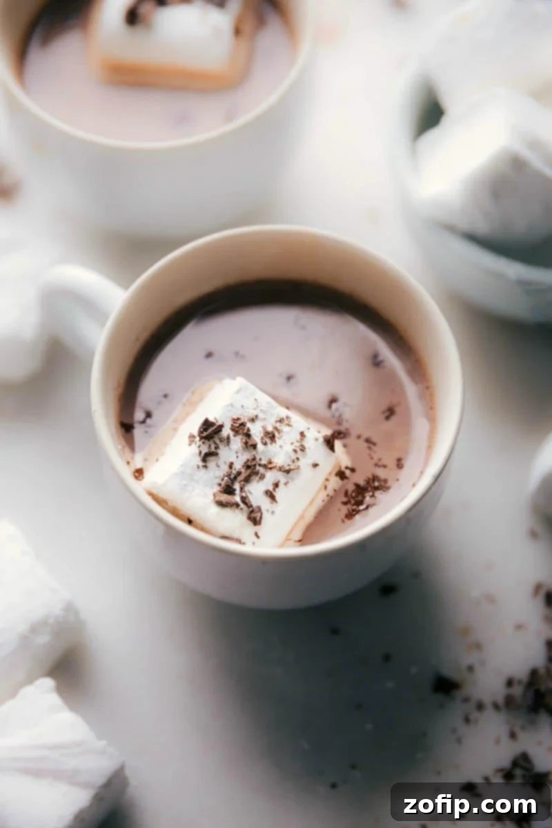 Homemade marshmallows floating in a cup of hot chocolate, topped with chocolate shavings.