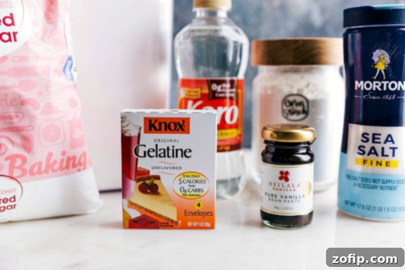 Ingredients laid out for the homemade marshmallow recipe, showcasing the simple yet essential components.