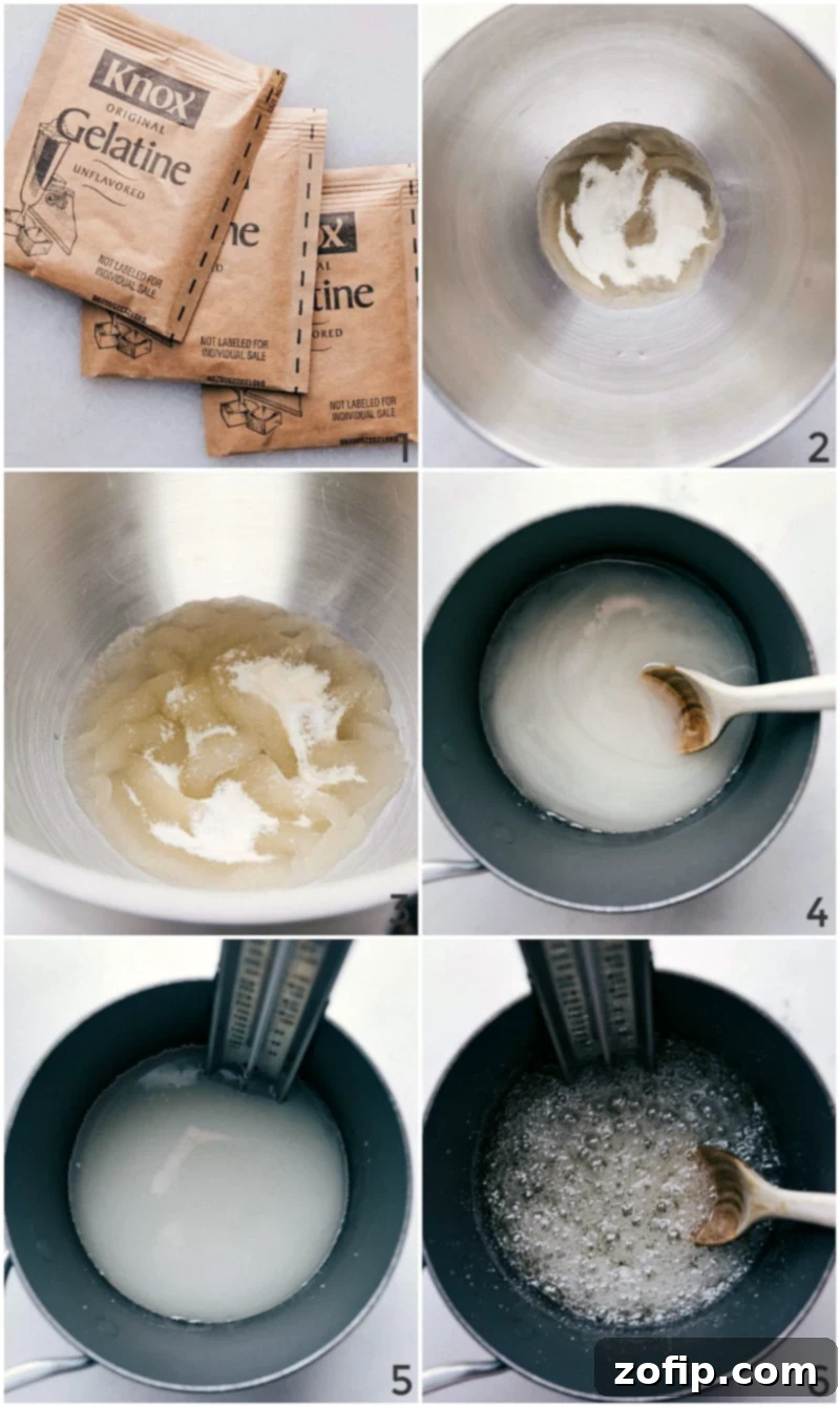 Gelatin blooming process followed by cooking the mixture to the correct temperature.