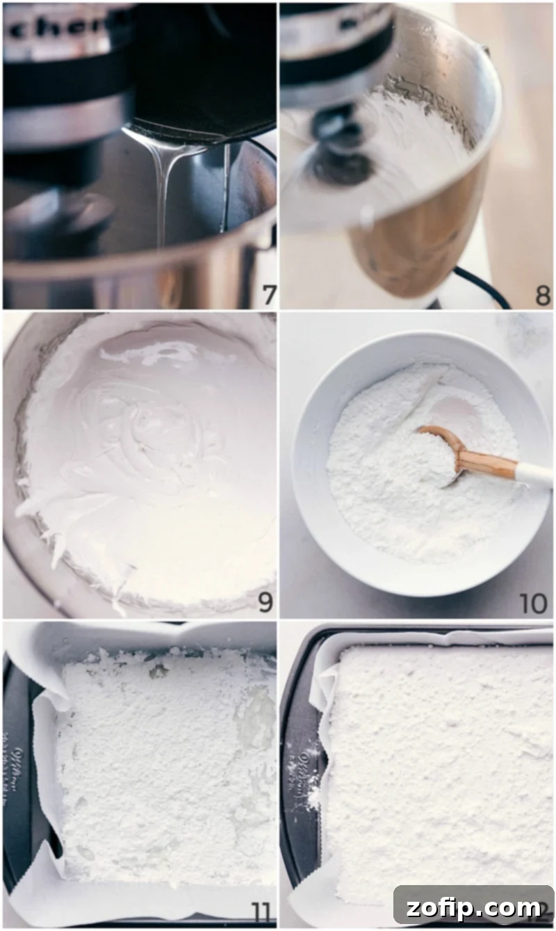 Syrup mixing into gelatin, batter being whipped, and cornstarch-powdered sugar mixture being used for dusting.