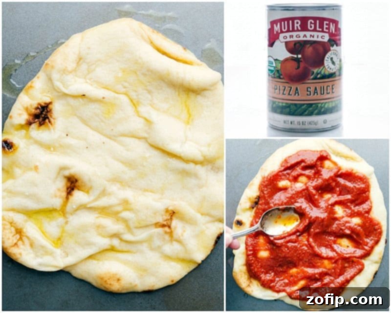 Red sauce being spread evenly on the bread, preparing the base.