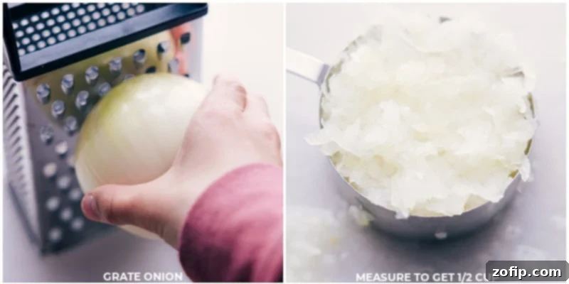 Fresh onions being finely grated, preparing them for the recipe.