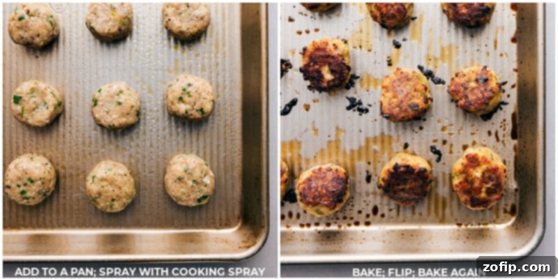 Ground turkey meatballs cooking in the oven, turning golden brown and delicious.