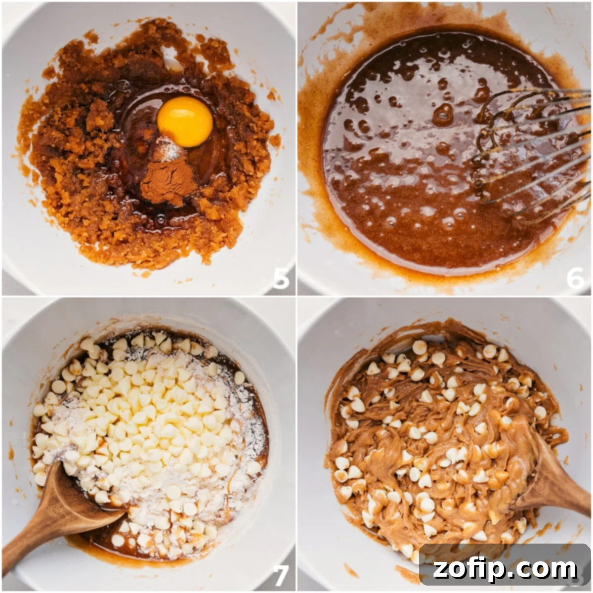 Mixing the Perfect Snickerdoodle Blondie Batter Combining all dry and wet ingredients including spices, egg, flour, and white chocolate chips in a mixing bowl for Snickerdoodle Blondies.