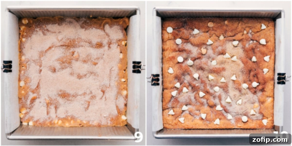 The Perfect Cinnamon-Sugar Topping on Snickerdoodle Blondies Freshly baked Snickerdoodle Blondies, still in the pan, generously sprinkled with a golden cinnamon-sugar topping.