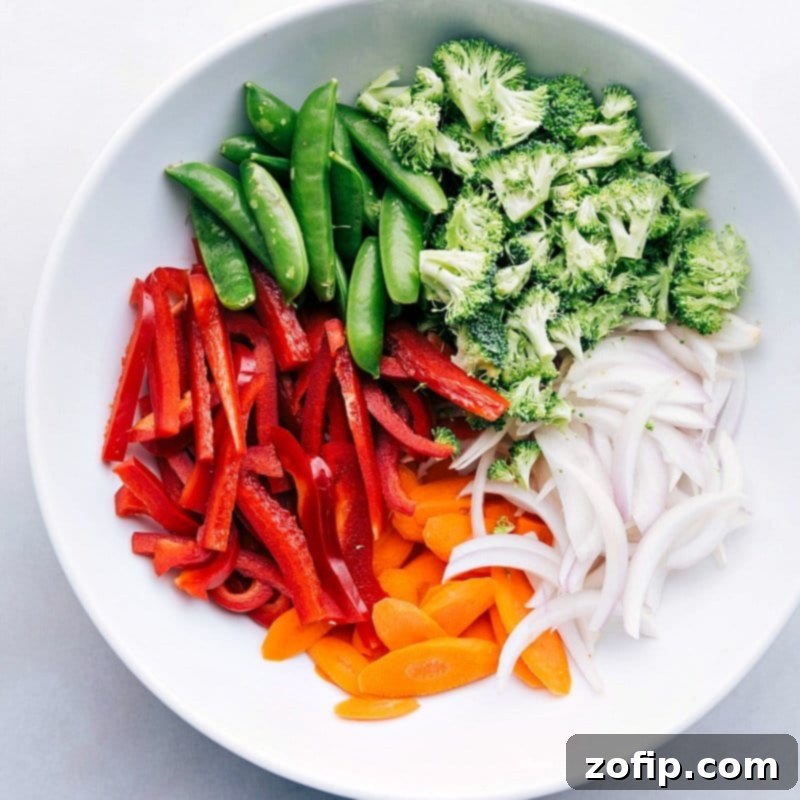 Freshly chopped vegetables prepared for the chicken stir fry recipe.