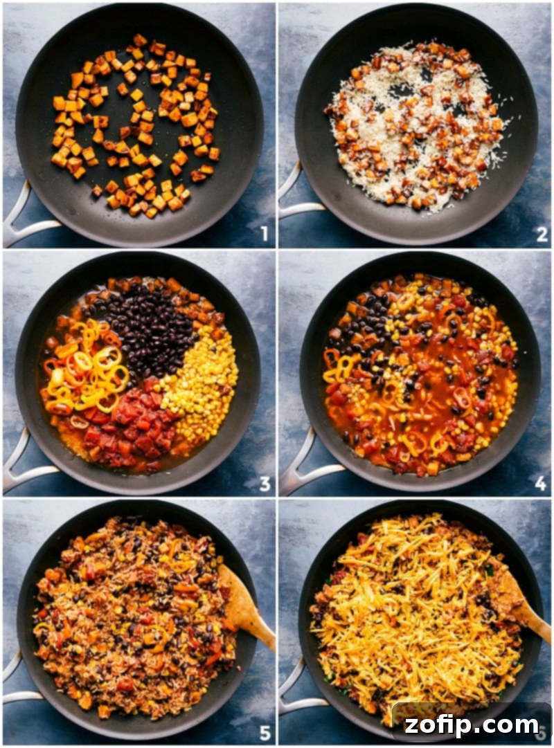 Step-by-step process of adding, mixing, and sautéing ingredients for the one skillet sweet potato burrito bowl recipe.