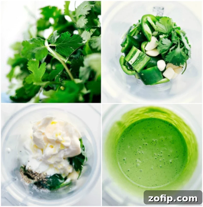 Blending together a mix of fresh ingredients including vibrant cilantro, bright green jalapeños, and creamy mayonnaise in a blender to create a smooth and flavorful green sauce.