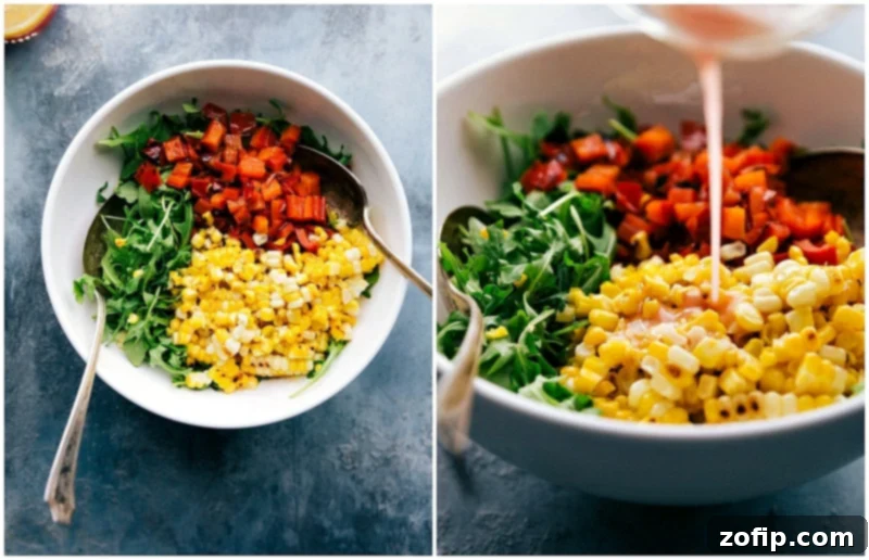 A plate of vibrant arugula salad with colorful ingredients like corn and bell peppers, served alongside the peruvian chicken recipe, creating a healthy, balanced, and delicious meal.