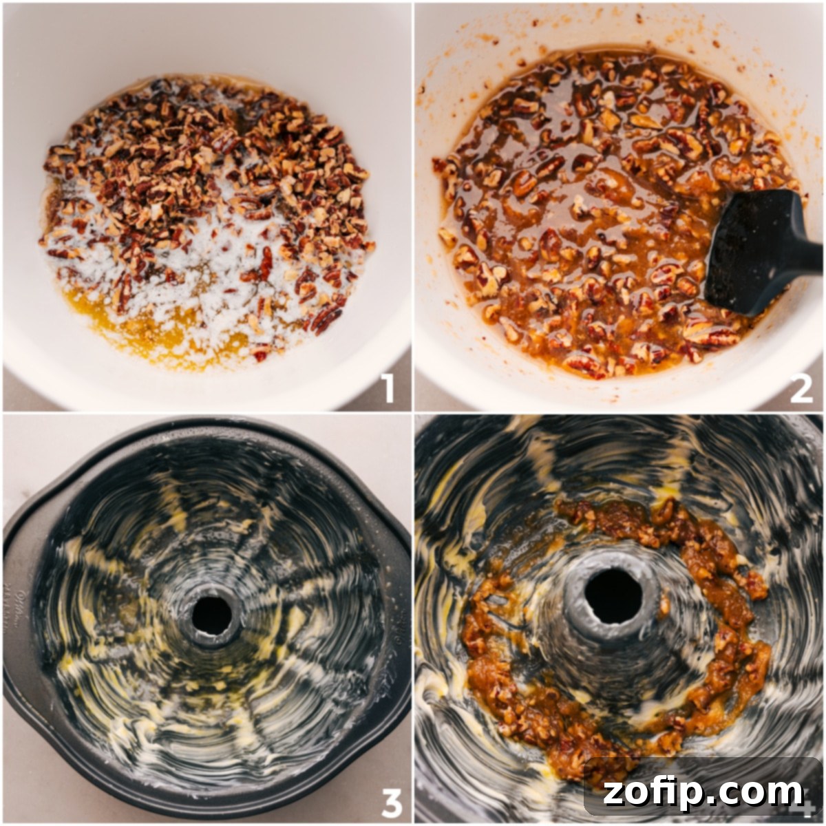 Layering Pecan and Brown Sugar Topping with Cinnamon-Sugar Covered Biscuits The initial step of assembling Monkey Bread, showcasing a layer of mixed pecans, brown sugar, and melted butter carefully placed in the bottom of a thoroughly buttered Bundt pan, ready for the cinnamon-sugar-coated biscuit pieces to be layered on top.