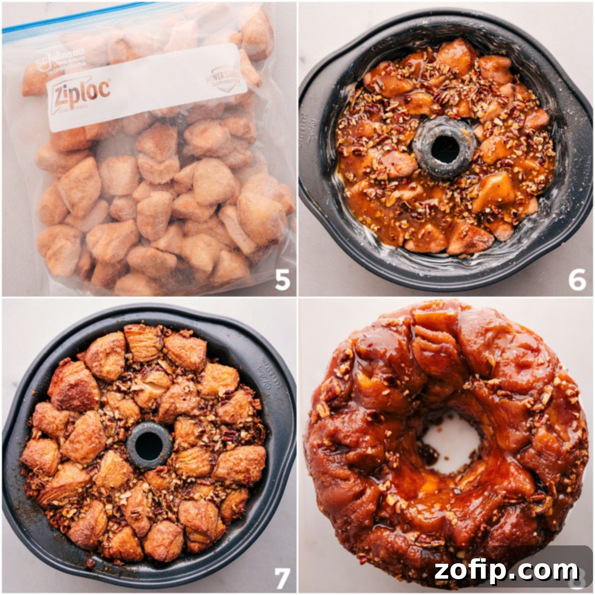 Freshly Baked Monkey Bread with Sugar and Pecans on Top A freshly baked Monkey Bread, beautifully golden brown, glistening with a rich caramel glaze, and topped with crunchy pecans, just inverted onto a serving dish and ready to be enjoyed.