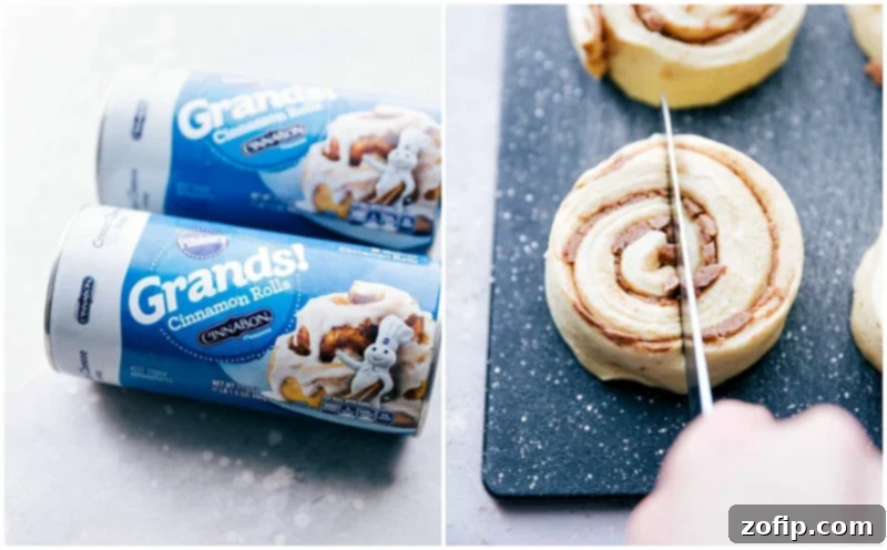 Cinnamon rolls that go into this monkey bread being cut into fourths.
