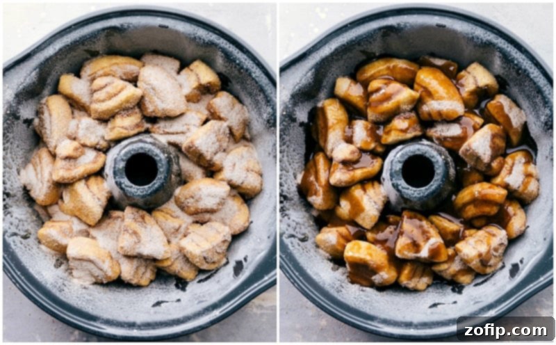 The dough pieces being added to the bundt pan and the brown sugar sauce being poured on top.