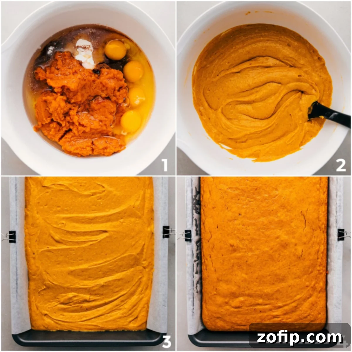 Step-by-Step Guide to Making Pumpkin Poke Cake Close-up shot of cake batter being poured smoothly into a parchment-lined baking pan, illustrating the preparation step for Pumpkin Poke Cake.