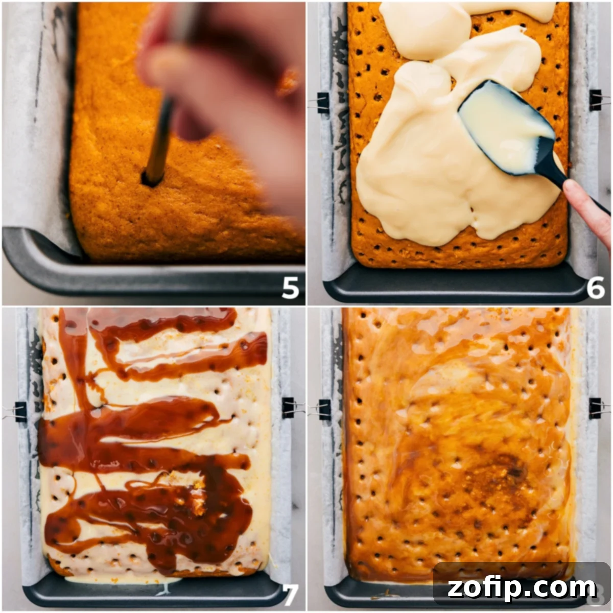 The Art of Poking Holes for Maximum Flavor Absorption in Poke Cake A sturdy metal straw being used to poke uniform, deep holes into the baked pumpkin cake, a crucial step for the sweet liquids to soak in.