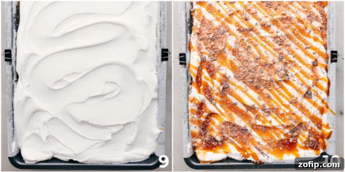 Garnishing Pumpkin Poke Cake with Whipped Cream and Toffee The finished Pumpkin Poke Cake adorned with a thick, smooth layer of whipped cream, beautifully drizzled caramel, and a generous scattering of crunchy toffee bits, ready for serving.