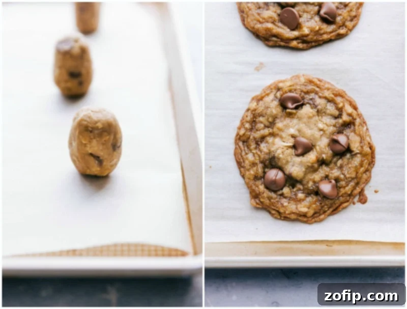 Perfectly portioned cookie dough balls on a baking sheet lined with parchment paper, ready to be baked.