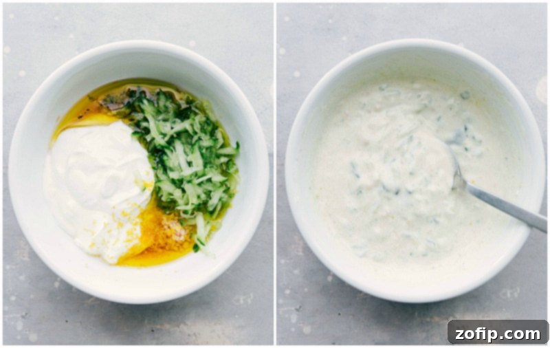 Making tzatziki sauce by combining the ingredients until smooth, capturing the preparation of this flavorful and creamy sauce.